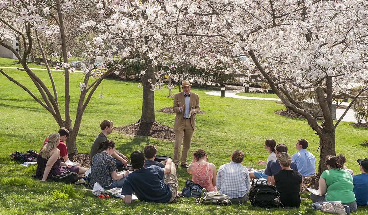 Students under the cherry blossoms