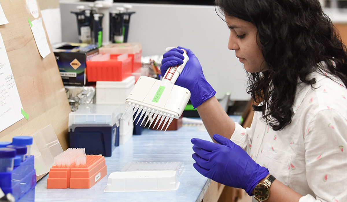 student in a biotechnology lab at Catholic University