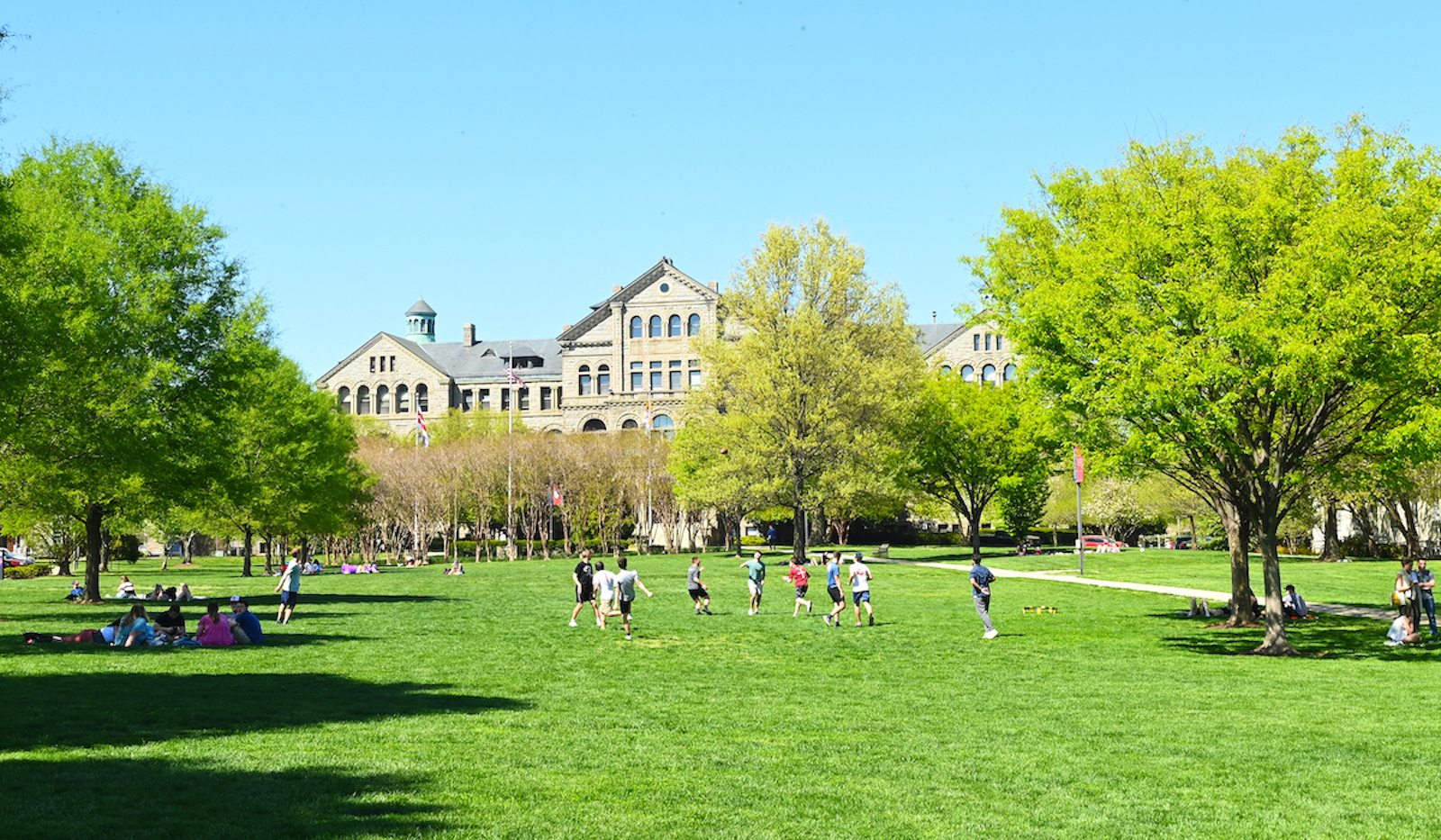 students playing on campus lawn