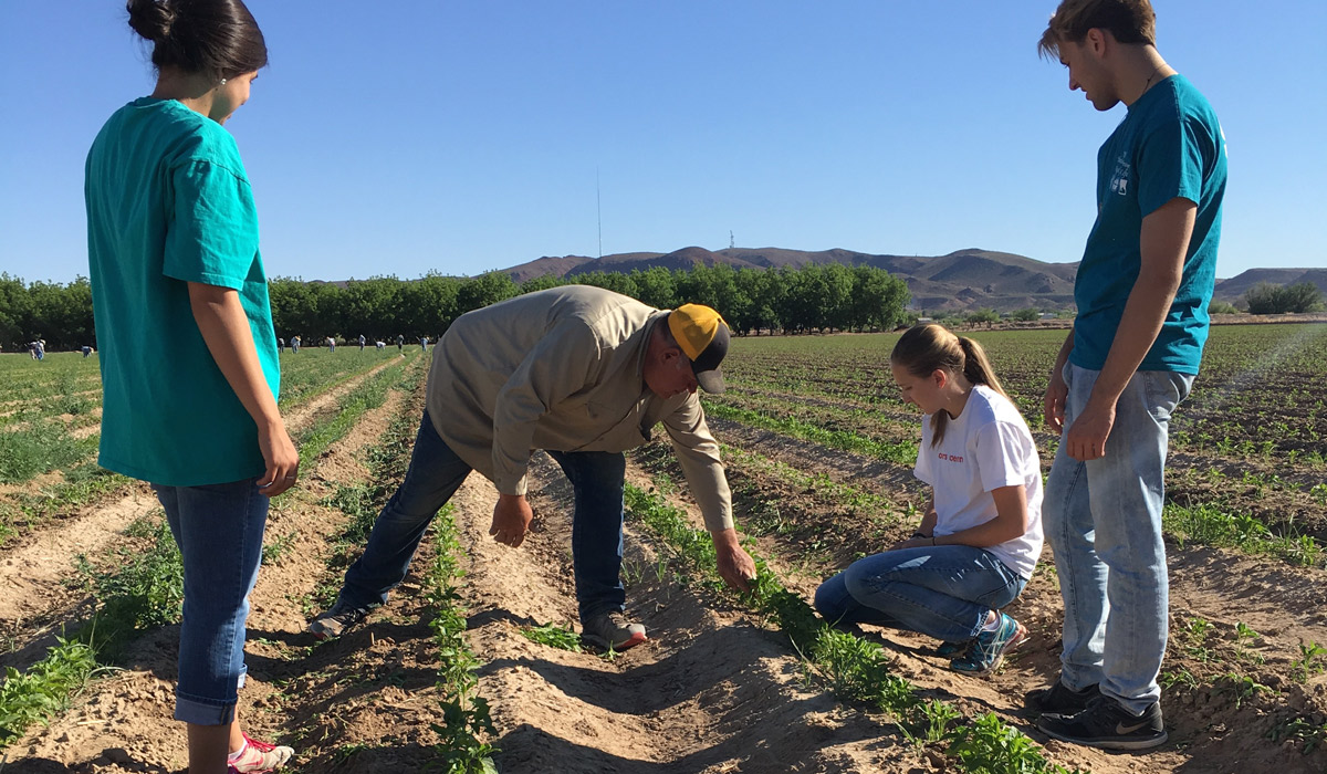 Kitt Carson, a chile farmer in New Mexico, with University students
