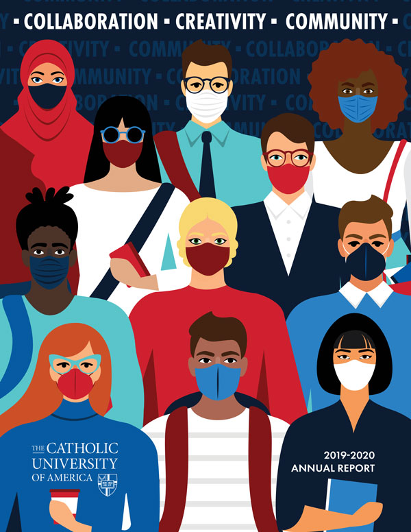2019-20 Annual Report cover showing artwork of people wearing masks
