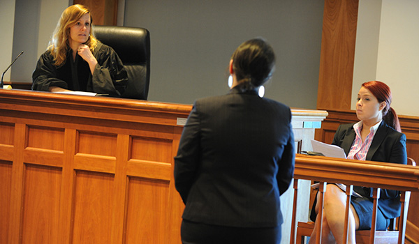 Students participate in a mock trial.