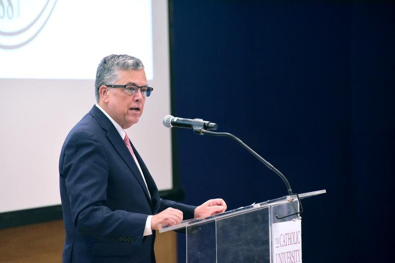 President Kilpatrick at the podium, speaking to faculty and staff during the State of the University Address in October of 2025